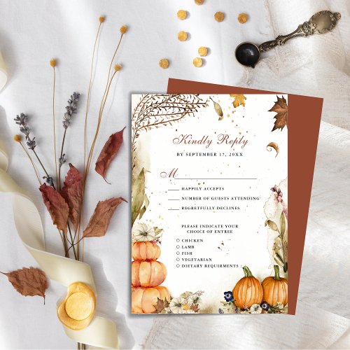 Fall In Love Pumpkin Botanical Autumn Wedding RSVP Enclosure Card