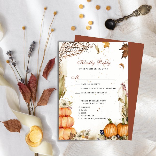 Fall In Love Pumpkin Botanical Autumn Wedding RSVP Enclosure Card (Creator Uploaded)