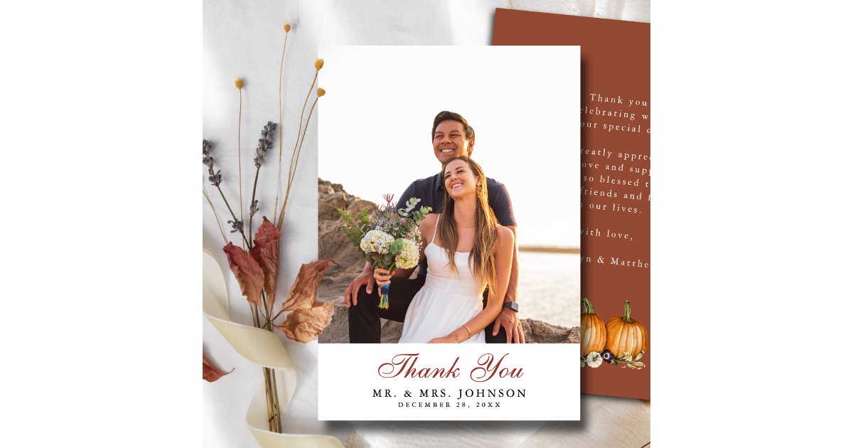 Fall In Love Pumpkin Botanical Autumn Wedding Thank You Card | Zazzle
