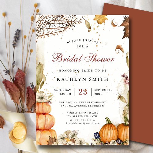 Fall In Love Pumpkin Botanical Brown Bridal Shower Invitation