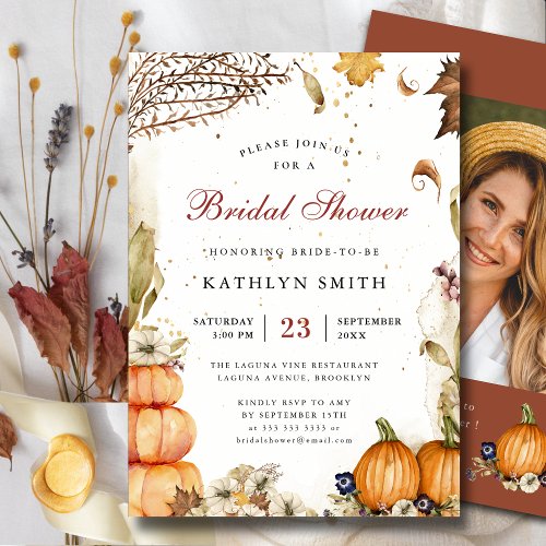 Fall In Love Pumpkin Botanical Brown Bridal Shower Invitation