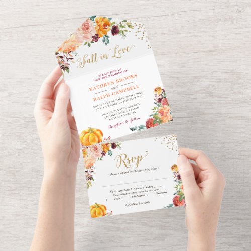 Fall in Love Pumpkin Botanical Floral Gold Wedding All In One Invitation