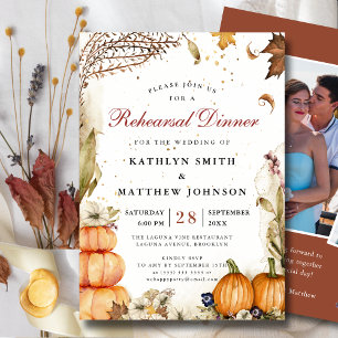 Fall In Love Pumpkin Botanical Rehearsal Dinner Invitation