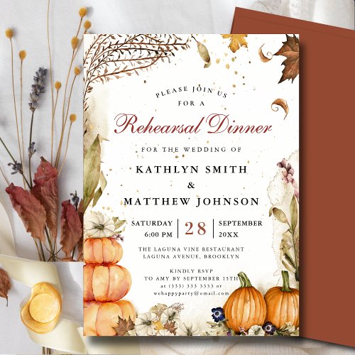 Fall In Love Pumpkin Botanical Rehearsal Dinner Invitation