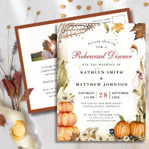 Fall In Love Pumpkin Botanical Rehearsal Dinner Invitation Postcard