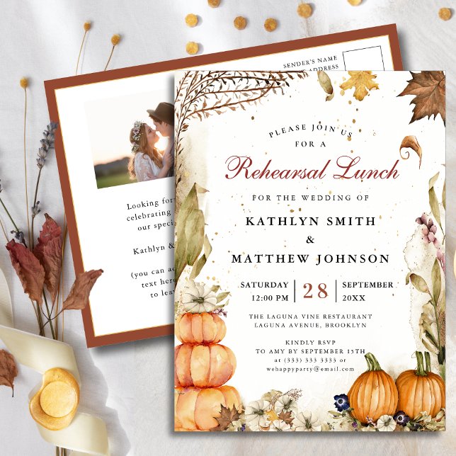 Fall In Love Pumpkin Botanical Rehearsal Lunch Invitation Postcard (Creator Uploaded)
