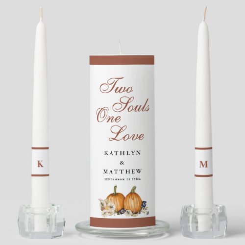 Fall In Love Pumpkin Botanical Wedding Monogram Unity Candle Set