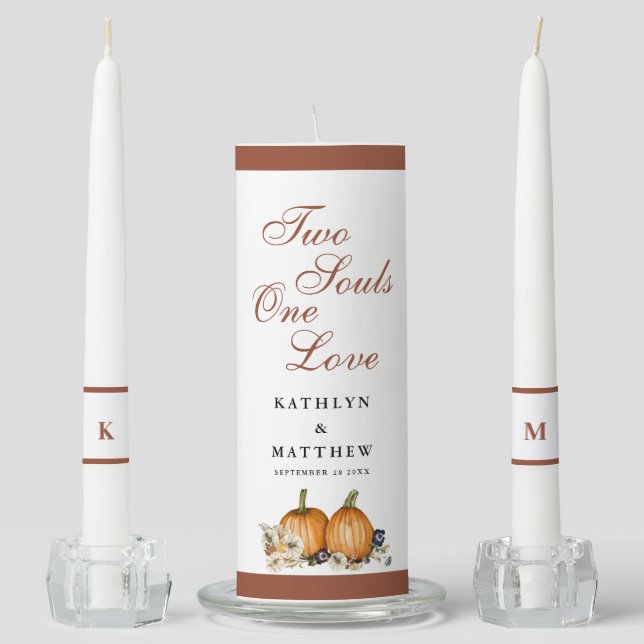 Fall In Love Pumpkin Botanical Wedding Monogram Unity Candle Set (Front)