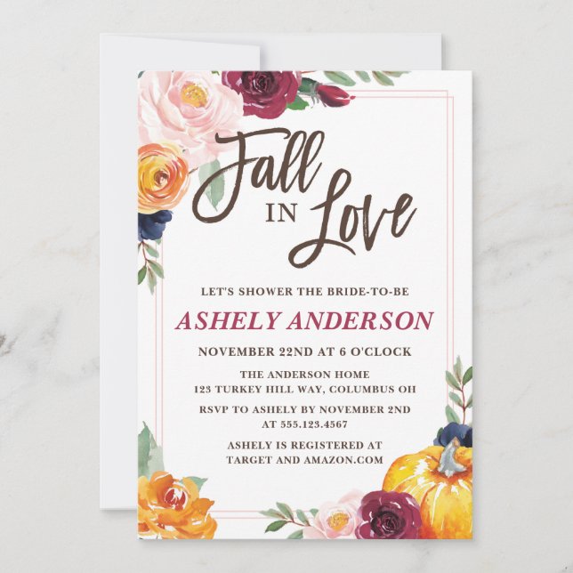 Fall In Love Pumpkin Bridal Shower Invitation (Front)