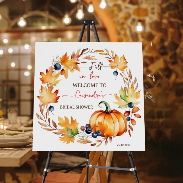 Fall in love pumpkin bridal shower welcome sign (Fall in love bridal shower welcome sign board pumpkin leaves berry wreath personalized entrance deco)