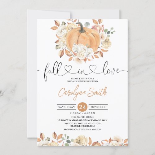 Fall in Love Pumpkin Fall Floral Bridal Shower Invitation