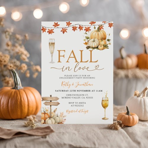 Fall in Love Pumpkin Fall Leave Engagement  Invitation