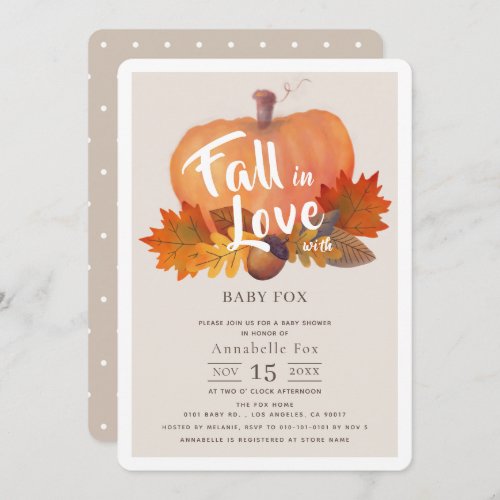 Fall in Love Pumpkin Fall Leaves Beige Baby Shower Invitation