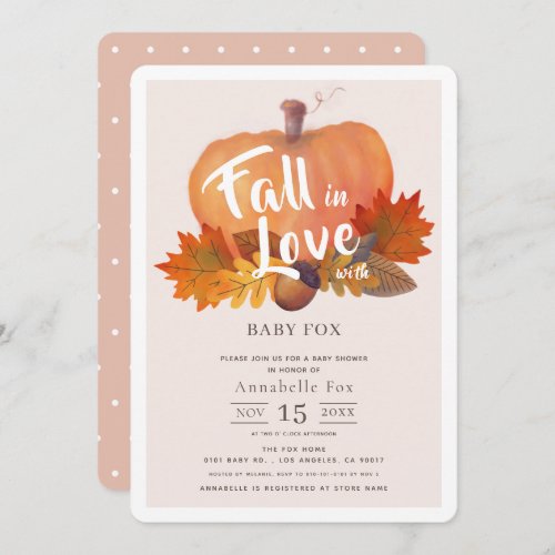 Fall in Love Pumpkin Fall Leaves Pink Baby Shower Invitation