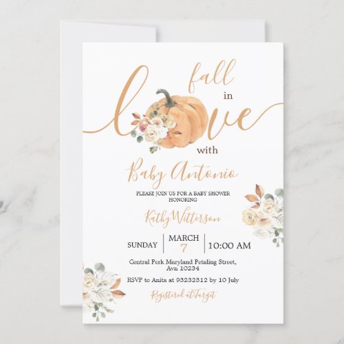 Fall in Love Pumpkin Floral Baby Shower Invitation