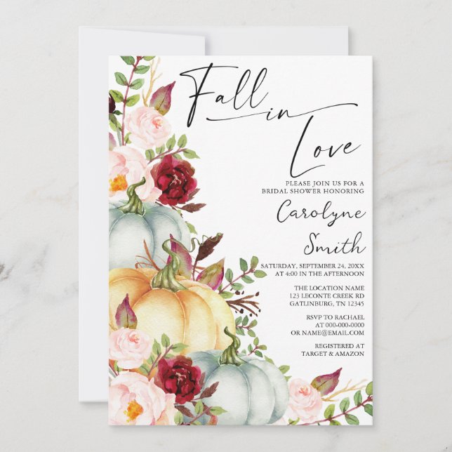 Fall in Love Pumpkin Floral Bridal Shower Invitation (Front)