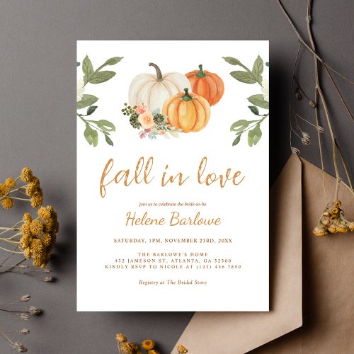 Fall In Love Pumpkin Floral Bridal Shower Invitation