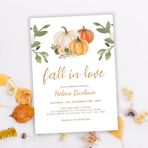 Fall In Love Pumpkin Floral Bridal Shower Invitation