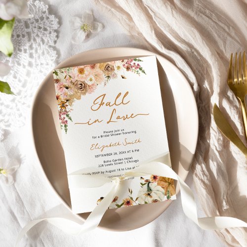 Fall in Love Pumpkin Floral Bridal Shower Invitation