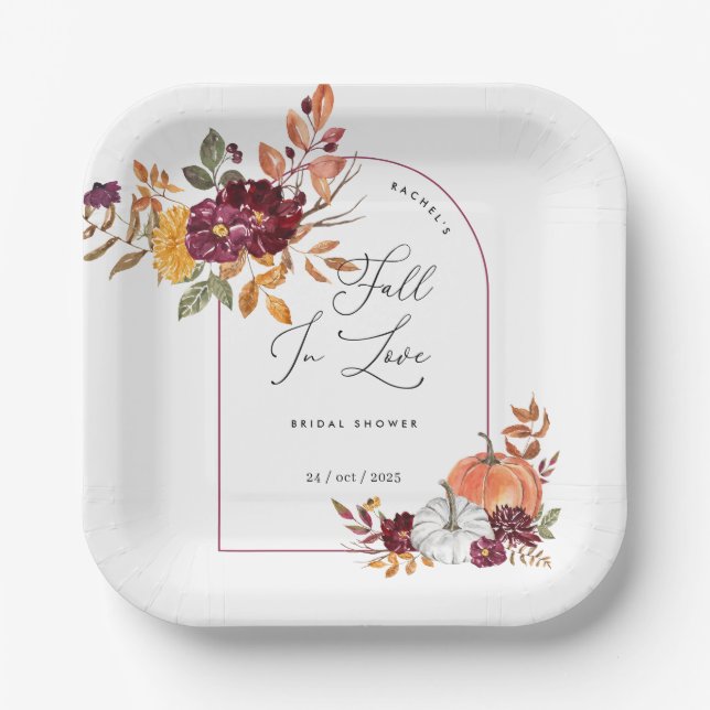 Fall In Love Pumpkin Floral Bridal Shower Paper Plates (Front)