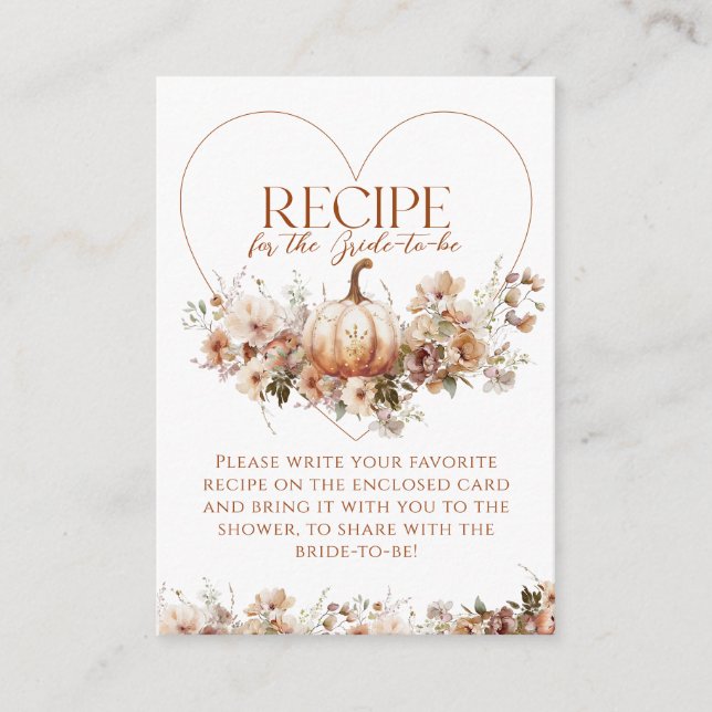 Fall in love Pumpkin Floral Bridal Shower Recipe Enclosure Card (Front)