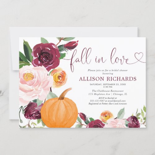 Fall in love pumpkin floral burgundy bridal shower invitation