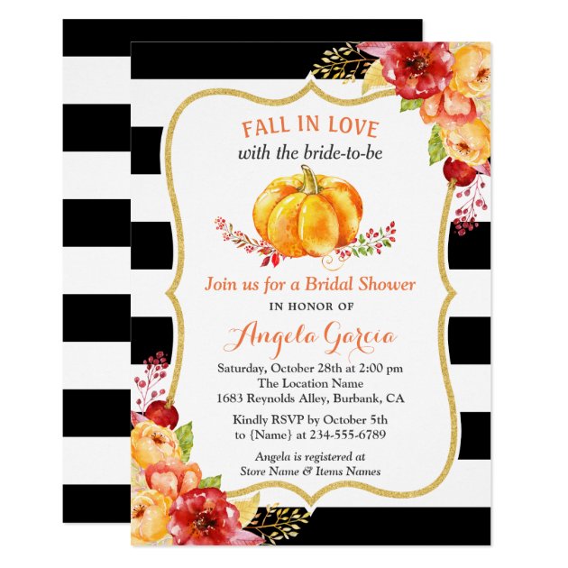 Fall In Love Pumpkin Floral Fall Bridal Shower Invitation
