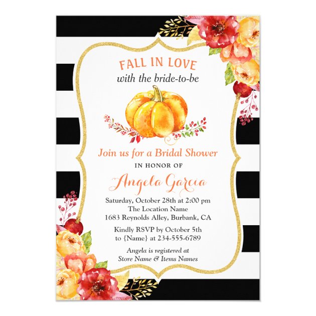 Fall In Love Pumpkin Floral Fall Bridal Shower Invitation