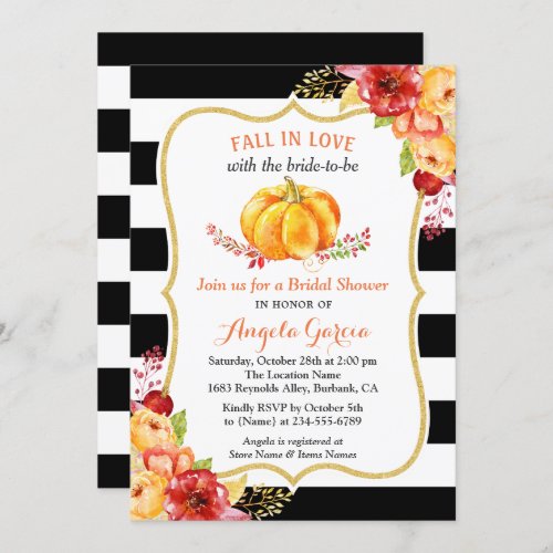 Fall in Love Pumpkin Floral Fall Bridal Shower Invitation - Create your perfect invitation with this pre-designed templates, you can easily personalize it to be uniquely yours. For further customization, please click the "customize further" link and use our easy-to-use design tool to modify this template. If you prefer Thicker papers / Matte Finish, you may consider to choose the Matte Paper Type.