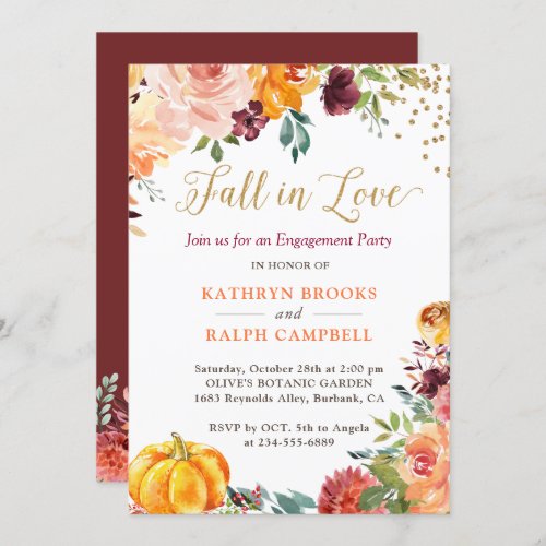 Fall in Love Pumpkin Floral Gold Engagement Party Invitation