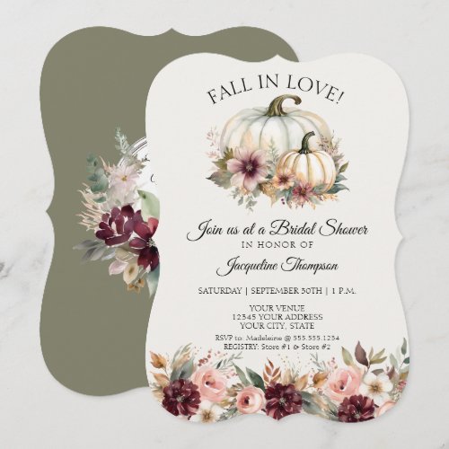 Fall in Love Pumpkin Floral Green Bridal Shower Invitation