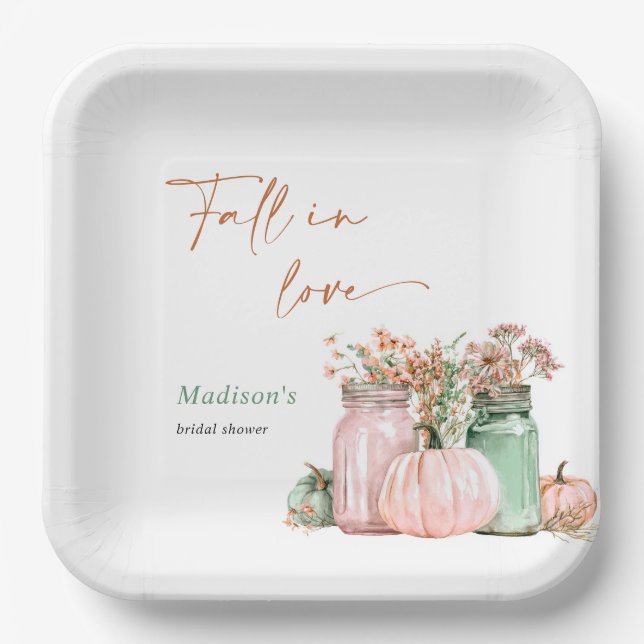 Fall In Love Pumpkin Floral Jars Bridal Shower Paper Plates (Front)