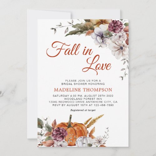 Fall in Love Pumpkin Floral Plum Bridal Shower Invitation