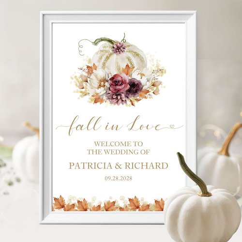 Fall in Love Pumpkin Floral Wedding Welcome Poster