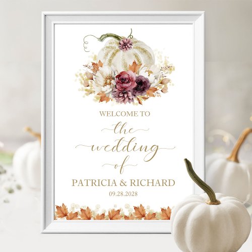 Fall in Love Pumpkin Floral Wedding Welcome Poster