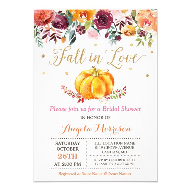 Fall In Love Pumpkin Gold Pink Bridal Shower Invitation