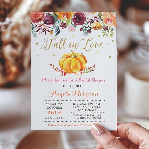 Fall in Love Pumpkin Gold Pink Bridal Shower Card