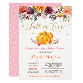 Fall in Love Pumpkin Gold Pink Bridal Shower Invitation