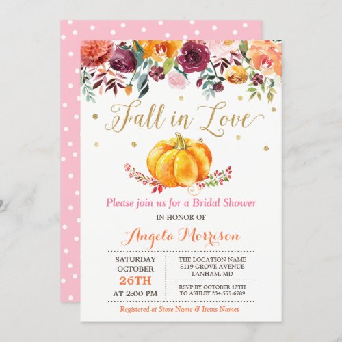 Fall in Love Pumpkin Gold Pink Bridal Shower Invitation - Create your perfect invitation with this pre-designed templates, you can easily personalize it to be uniquely yours. For further customization, please click the "customize further" link and use our easy-to-use design tool to modify this template. If you prefer Thicker papers / Matte Finish, you may consider to choose the Matte Paper Type.