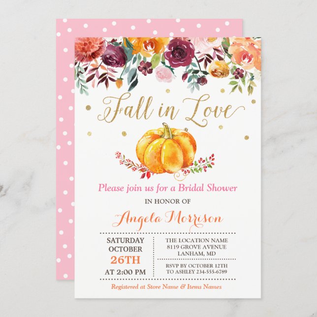 Fall in Love Pumpkin Gold Pink Bridal Shower Invitation (Front/Back)