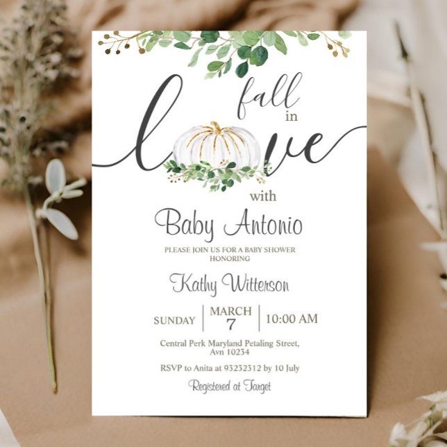 Fall in Love Pumpkin Greenery Floral Baby Shower Invitation (Creator Uploaded)