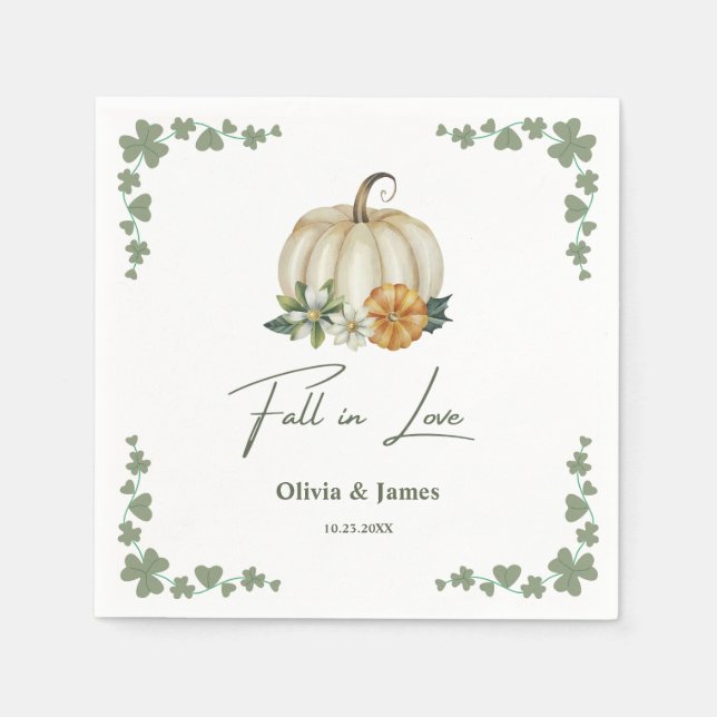 Fall in Love Pumpkin Greenery Sage Green Wedding  Napkins (Front)