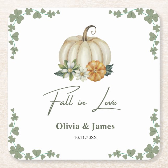 Fall in Love Pumpkin Greenery Sage Green Wedding   Square Paper Coaster (Front)