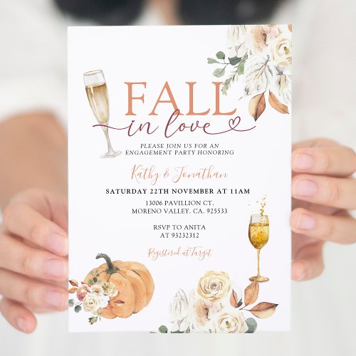 Fall in Love Pumpkin Ivory Floral Engagement Party Invitation
