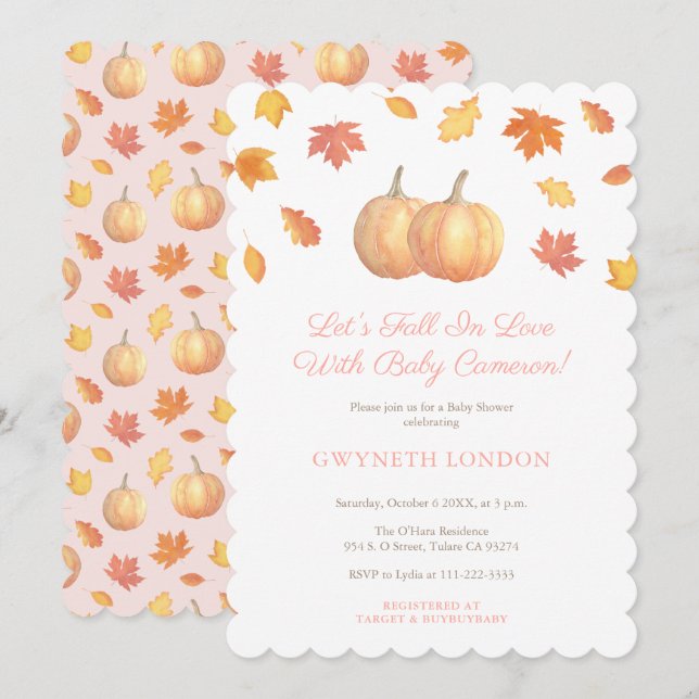Fall In Love Pumpkin Leaves Baby Shower For Girl Invitation (Front/Back)
