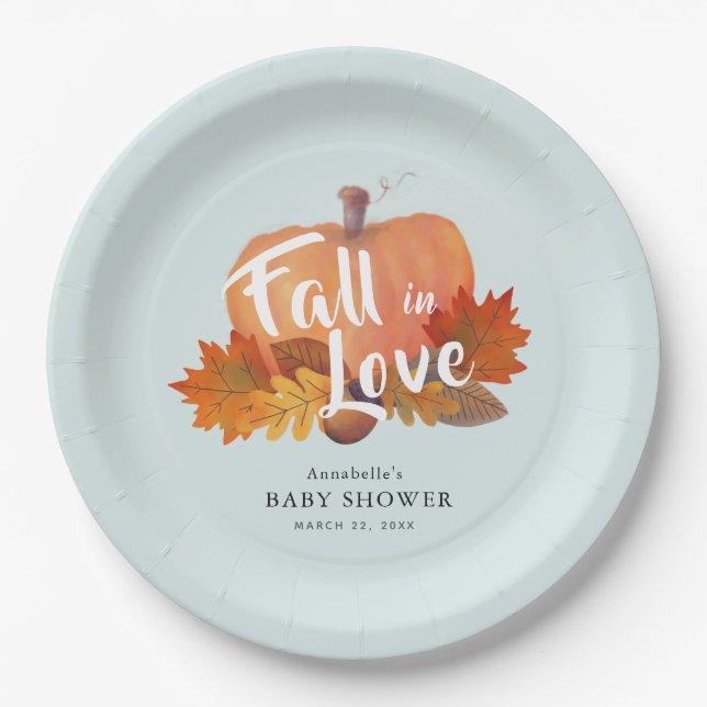 Fall in Love Pumpkin Leaves Blue Baby Shower Paper Plates (Front)
