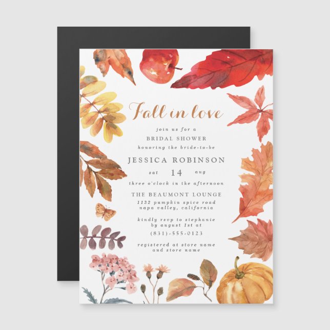 Fall In Love | Pumpkin & Leaves Bridal Shower Magnetic Invitation (Front/Back)