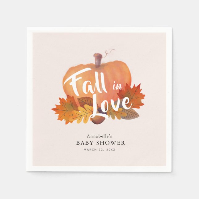 Fall in Love Pumpkin Leaves Pink Baby Shower Paper Napkins (Front)