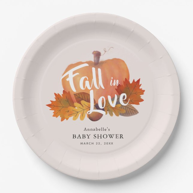 Fall in Love Pumpkin Leaves Pink Baby Shower Paper Plates (Front)