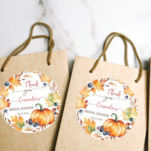 Fall in love pumpkin leaves wreath bridal shower classic round sticker